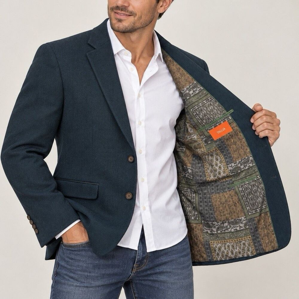 Tallia Mens Blazer 40R Hunter Green 100% Wool Herringbone Sport Coat Jacket